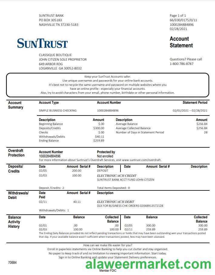 USA Georgia SunTrust bank proof of address statement template in .doc and .pdf format